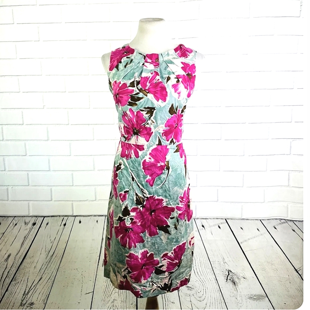 Karin Stevens White, Blue & Pink Floral Sleeveless Pencil Sheath Midi Dress - 8